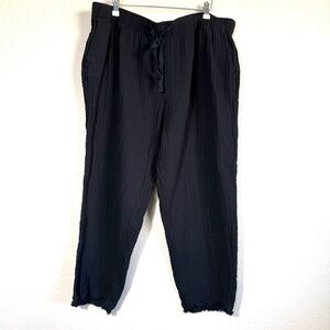 Eileen Fisher Pants Womens XL Black Wide Leg Crop Organic Cotton Gauze Fringe